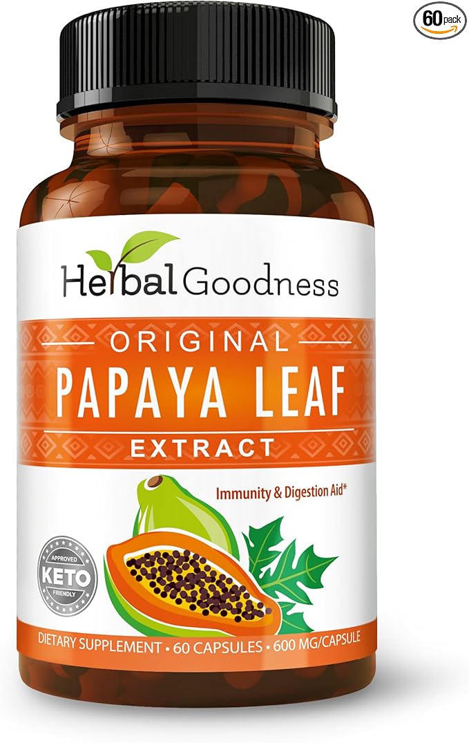 Herbal Goodness Papaya Leaf Extract Digestive Enzymes - 10X Strength 60/600mg Veg Capsules- Blood Platelet Bone Marrow &amp Spleen Support Immune Gut &amp Super Digestive Health - Made in USA