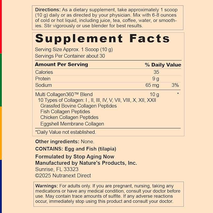 Stop Aging Now - Multi Collagen Peptides Powder - Types i ii iii v x Unflavored - 10.58oz