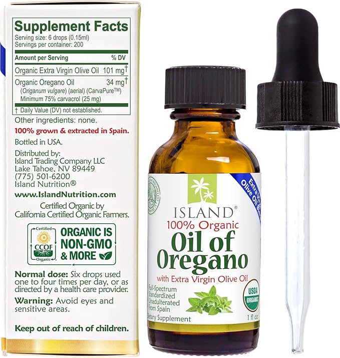 Oil of Oregano Organic Liquid Drops (1 fl oz) - Blend of Organic Oregano Oil &amp Olive Oil Grown in Spain