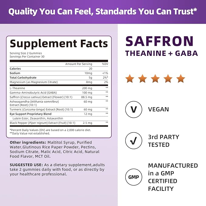 Lukaree 10-in-1 Saffron Gummies Supplements for Mood Focus &amp Eye Support with L-Theanine 200mg GABA Ashwagandha Lutein Zeaxanthin &amp Astaxanthin Sugar Free Vegan Berry Flavor 2 Pack 12
