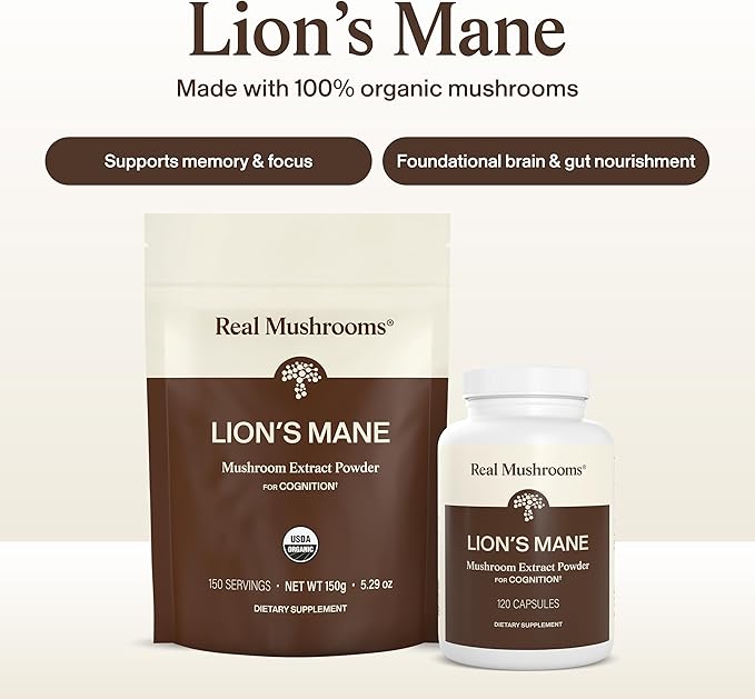 Real Mushrooms Lions Mane Mushroom Cognition (120 Capsules) Lions Mane Mushroom Powder Extract Capsules | Brain Supplement Brain Vitamins Focus Supplement