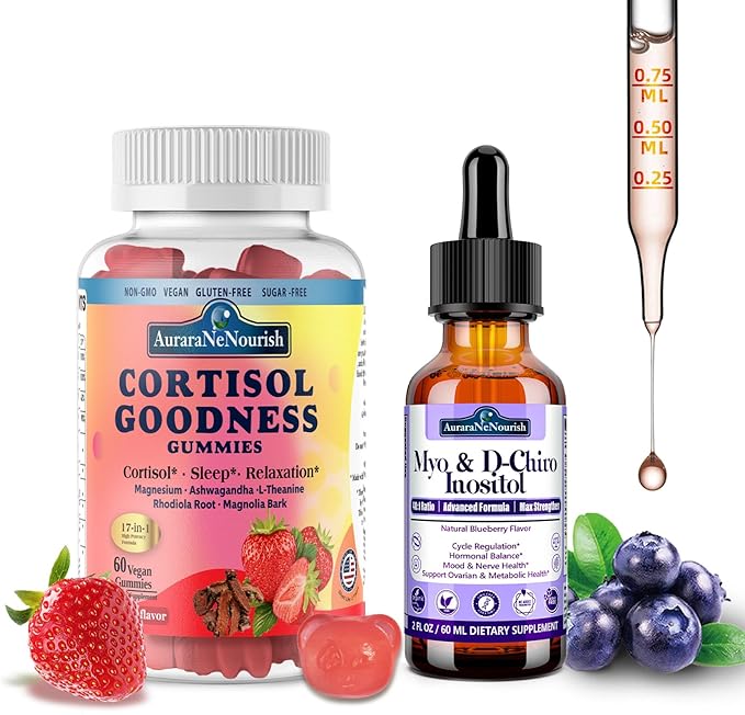 2 Pack Cortisol Supplement Gummies &amp Myo-Inositol &amp D-Chiro Inositol Drops for Women Men