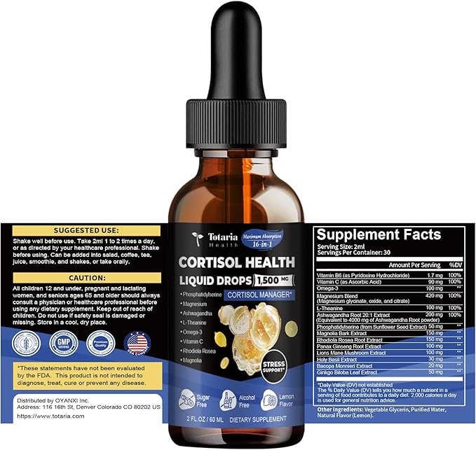 Totaria (Pack of 2 cortisol Supplement Liquid Drops Hormone Balance for Women Men with Magnesium ComplexAshwagandhaRhodiola RoseaL Theanine Supplements Mood Focus Sleep 4 FL.OZ