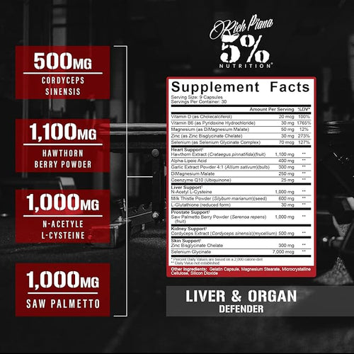 5% Nutrition Rich Piana Liver &amp Organ Defender Cycle Support Plus NAC | Liver Support Prostate Supplement Heart Kidney Skin Support | Milk Thistle Saw Palmetto Hawthorn Berry (30-90 Servings