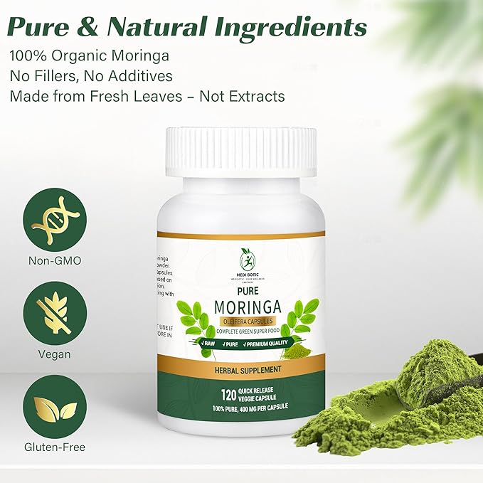 Moringa Capsules 800mg 120 Moringa Pure Capsules For Energy Immune Support Gut Health &amp Powerful Green Superfood Rich In Antioxidants Essential Vitamins &amp Amino Acids Non-GMO &amp Glute