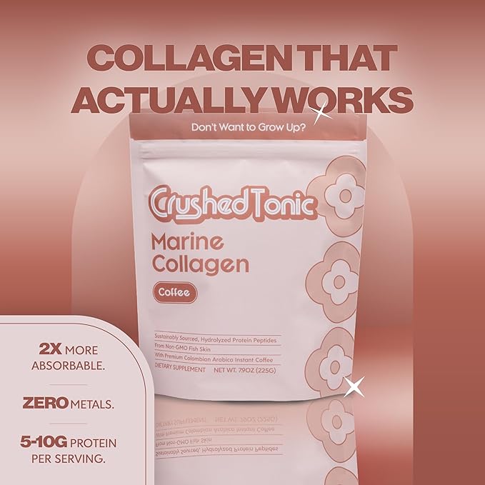 Crushed Tonic Korean Beauty Collagen Coffee | Hydrolyzed Marine Collagen Peptides + Arabica Coffee | K-Beauty Drink | Gluten-Free Halal &amp Kosher (Coffee 15 Servings Sticks)