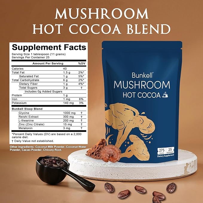 Mushroom Hot Cocoa Adaptogenic Mushroom with Reishi L-Theanine Chicory Melatonin &amp Glycine Melatonin Sleep Hot Cocoa Supplement for Sleep and Stress Support 25 Servings 1 Pack