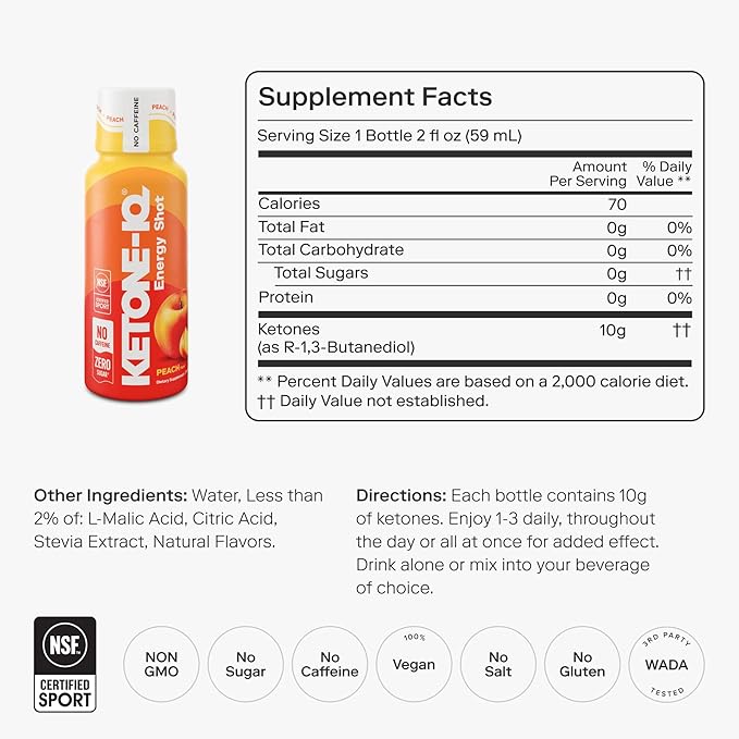 Ketone-IQ No Caffeine Exogenous Ketones Energy Shots - 24 Pack of Caffeine Free Energy Drinks with 10g Ketones - Sugar Free Salt Free and All Natural (Peach)