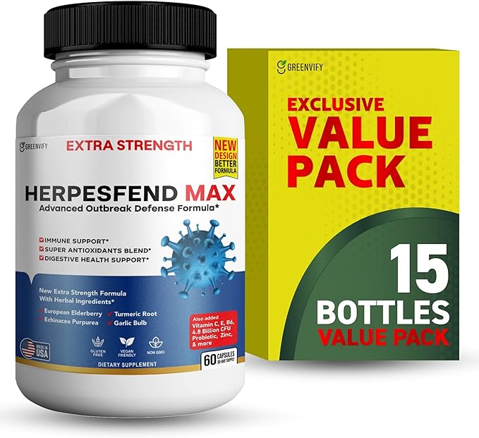 HerpesFend Max Extra Strength Advanced Defense Formula 60 Capsules with Elderberry Echinacea Turmeric Garlic Vitamins and Probiotics (15)