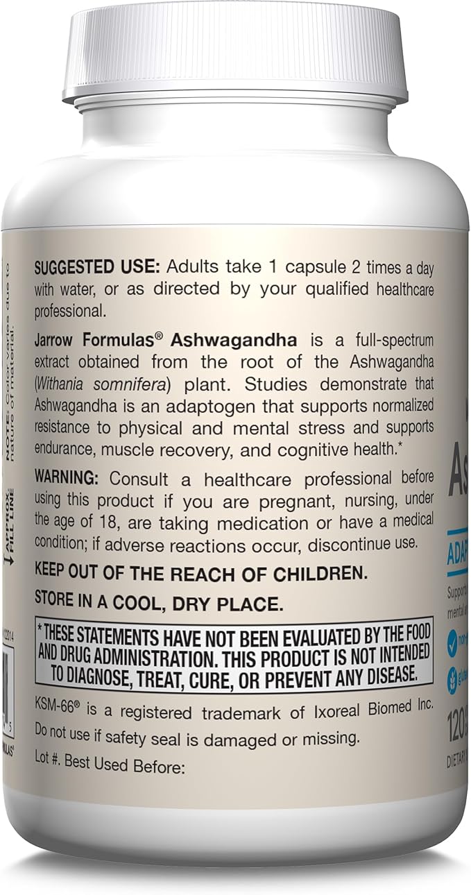 Jarrow Formulas Ashwagandha 300 mg - 120 Veggie Capsules - Overall Health &amp Resistance to Fatigue - Supplement Supports Endurance Muscle Recovery &amp Cognitive Health - 60 Servings (Pack of 12)