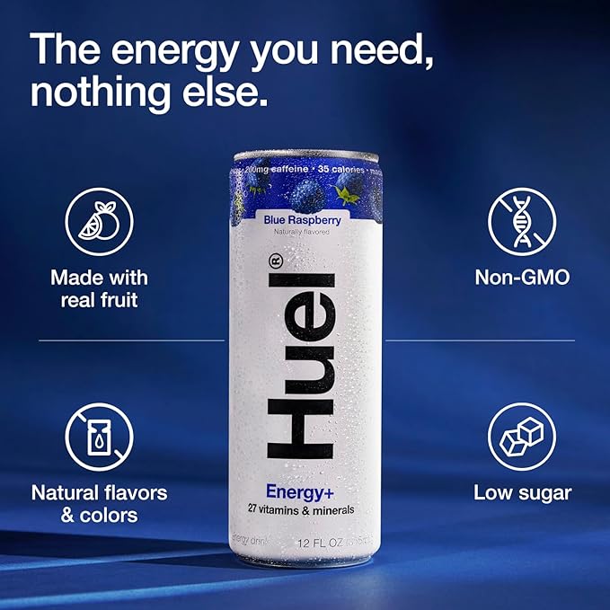 Huel Energy+ | Blue Raspberry Energy Drink | Refreshing Plant-Based Drink with Real Fruit | 200mg of Caffeine and 27 Vitamins &amp Minerals | 35 Calories per 12 FL Oz 12 Pack