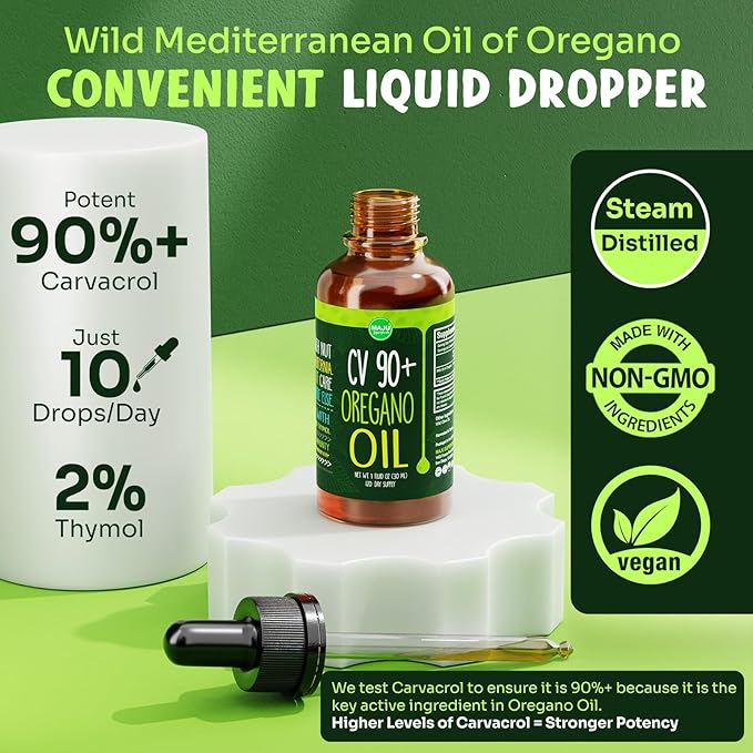 Maju Superfoods Oregano Oil Drops Potent 90%+ Carvacrol (1 fl Oz) Wild Mediterranean Essential Oil of Oregano Liquid Aceite de Oregano Immune and Seasonal Support (Pack of 2)
