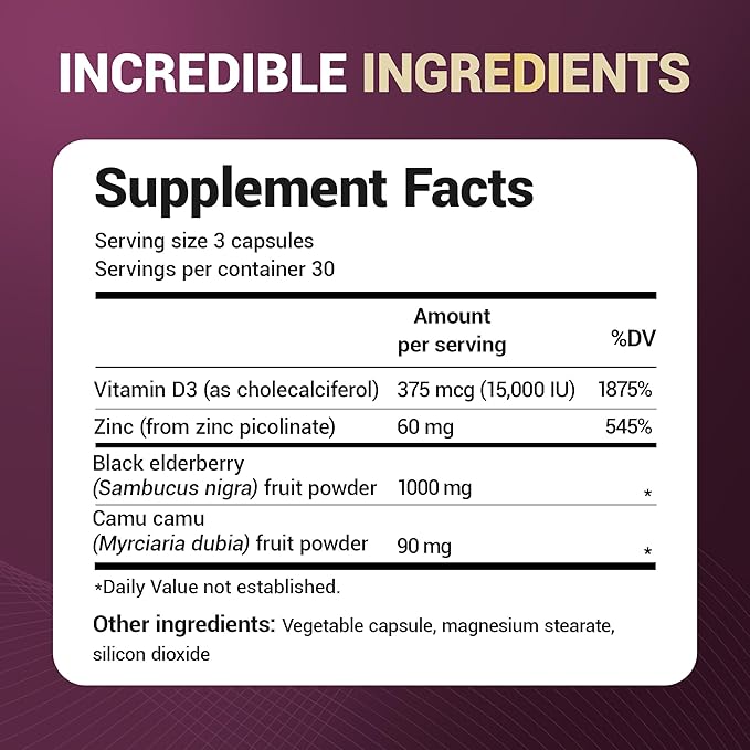 Dr. Berg Black Elderberry Capsules (Advanced Immune Support*) with 15000 IU Vitamin D 60 mg of Zinc &amp 90 mg of Camu Camu - (4-in-1) Sambucus Elderberry Immune Support Supplement - 90 Capsules