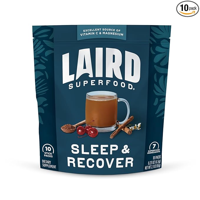 Laird Superfood Sleep &amp Recover Bedtime Powdered Drink Mix Calming Supplement to Support Relaxation and Sleep with Tart Cherry and Chamomile 0.3 Oz Packet Pack of 10