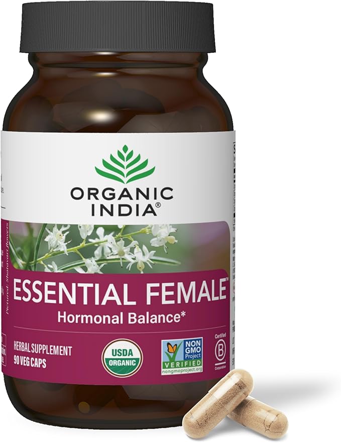 ORGANIC INDIA Essential Female Herbal Supplement - Hormonal Balance Women's Formula Reproductive Health Adaptogen Ayurvedic USDA Certified Organic Non-GMO - 90 Capsules