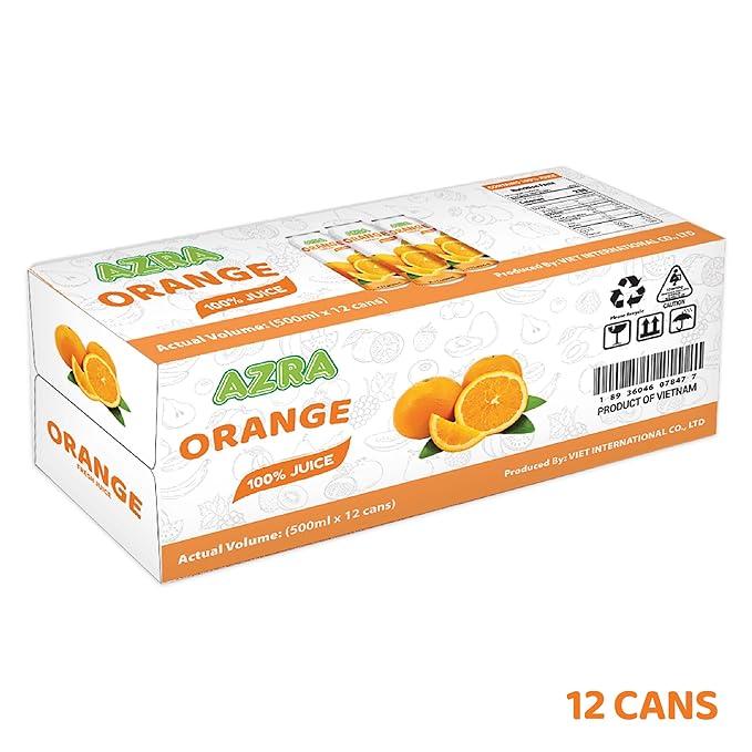 AZRA 100% Orange Juice 500ml Cans (Pack of 12) - Pure Fruit Juice Beverages - Healthy Juice with No Added Sugar Fresh Orange Juice Taste Vitamin C Rich Healthy Drinks 12 Count