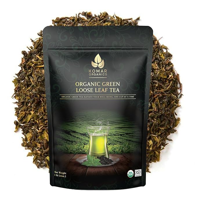 Komar Organics Loose Leaf Green Tea – 16Oz USDA Organic for Energy Boost Antioxidants – Certified Kosher Delicate Flavor Assam Tea Organic Tea Leaves Ideal for Morning Afternoon