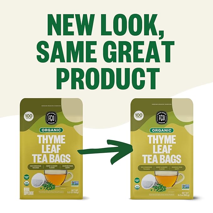 FGO Organic Thyme Leaf Tea 100 Count Eco-Conscious Tea Bags Caffeine Free Resealable Bag Packaging May Vary (Pack of 1)