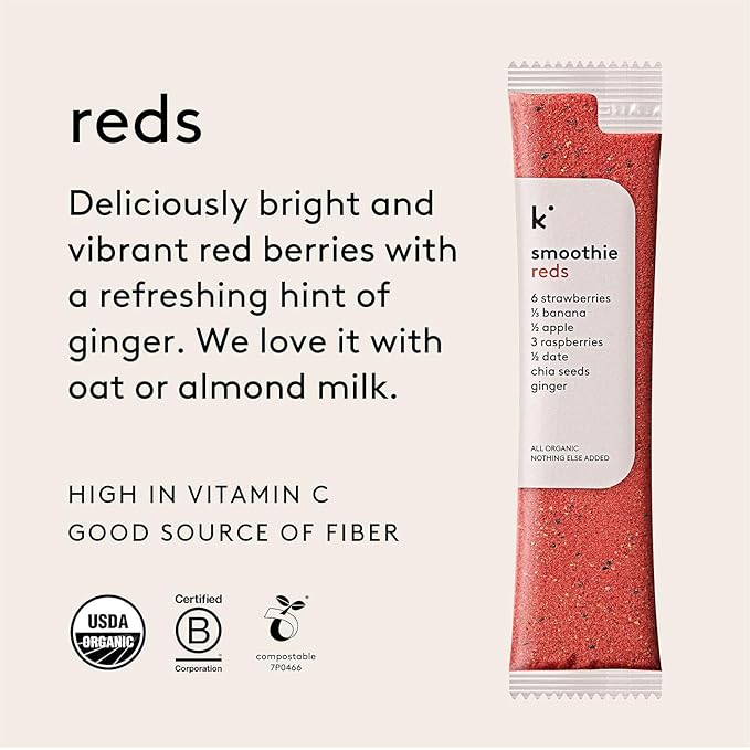 kencko Reds Smoothie Mix Packets - 20 Instant Breakfast Smoothies Made of Nature’s Original Superfoods - Strawberry Banana Raspberry Ginger &amp More - Organic Fruit &amp Veggie Healthy Smoothies