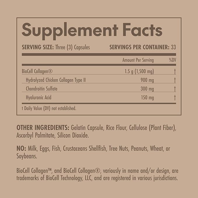 Olympian Labs Biocell Collagen II 1500mg Supplement Capsules Non-GMO Gluten-Free Allergan-Free - Supports Skin &amp Joint Health and Cartilage Producing Cells - 100 Capsules (33 Day Supply)
