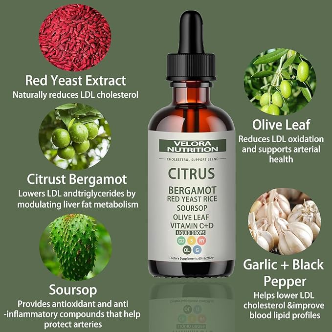 velora Red Yeast Rice Cholesterol Cleans Drops with Citrus Bergamot Red Yeast Rice Soursop Olive Leaf Vitamin C+D Natural Non-GMO Vegan 2 fl oz (2pcs)