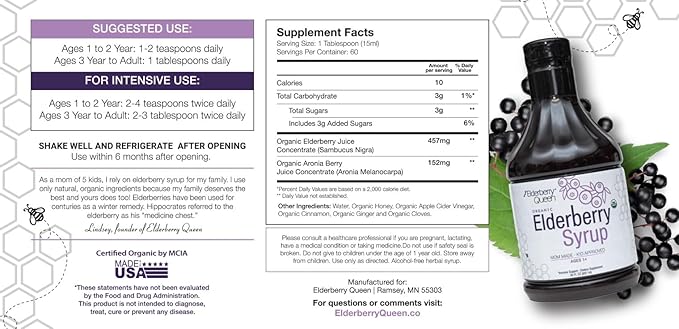 Elderberry Queen Organic Elderberry Syrup 30 Fl Oz - Immune Support Formula with Sambucus Black Elderberry &amp Aronia Berry - Pure Natural Certified Organic Elderberry Syrup for Kids and Adults