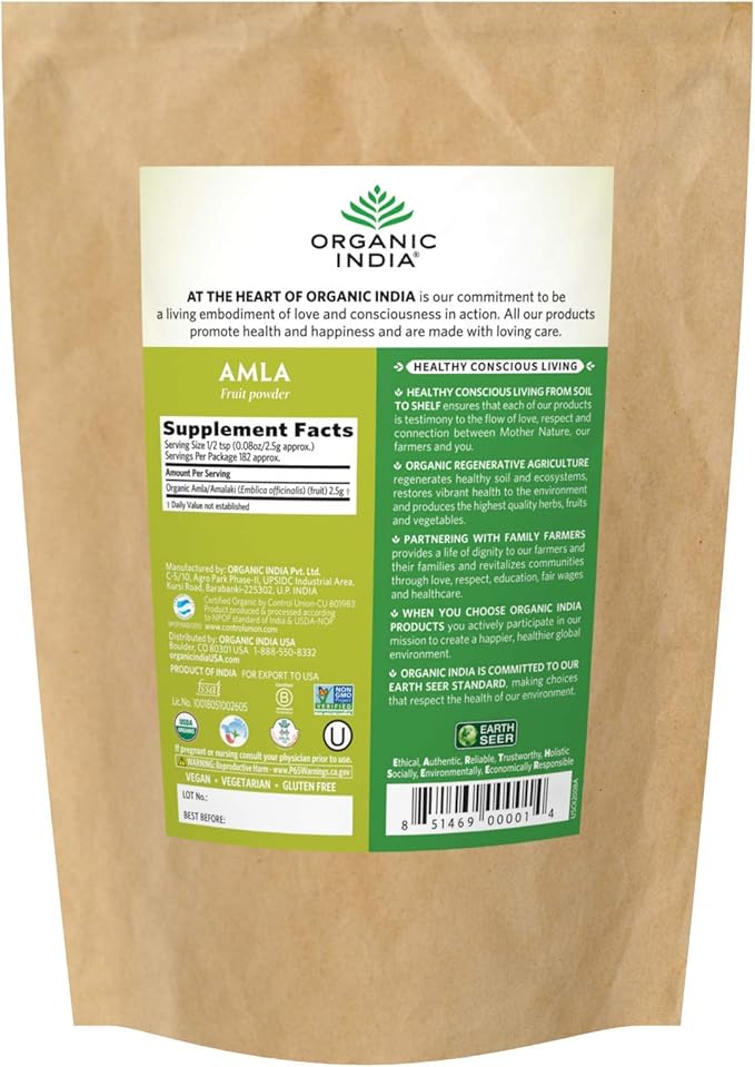 ORGANIC INDIA Amla Powder - Holy Basil Immune Support Vitamin C for Immune System Vegan Kosher Ayurvedic Superfood Antioxidants Non-GMO Amla Powder Organic - 1 Lb Bag