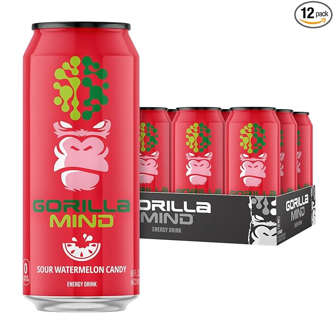 Gorilla Mind Energy Drink | Unmatched Energy · Amplified Focus | N-Acetyl-L-Tyrosine Alpha-GPC 200mg Caffeine Uridine Saffron | 0 Sugar Or Artificial Colors | 16oz 12-Pack (Sour Watermelon Candy)