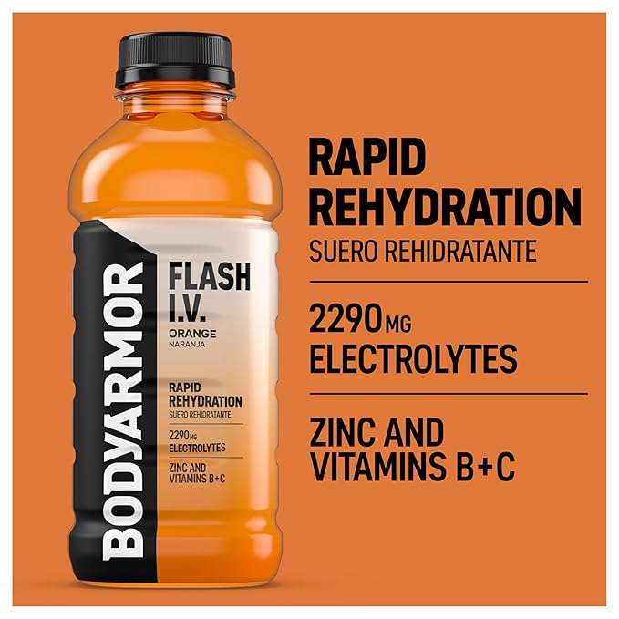 BODYARMOR Flash I.V. Electrolyte Beverage Orange Hydration Drink with Coconut Water For Rapid Rehydration Post Workout Recovery 20 Fl Oz (Pack of 12)