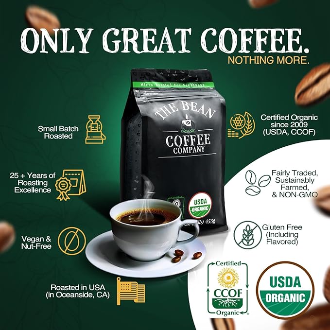 The Bean Organic Coffee Company Premium Espresso Dark Roast Ground Coffee 16-Ounce Bags (Pack of 2)Café molido tostado organico