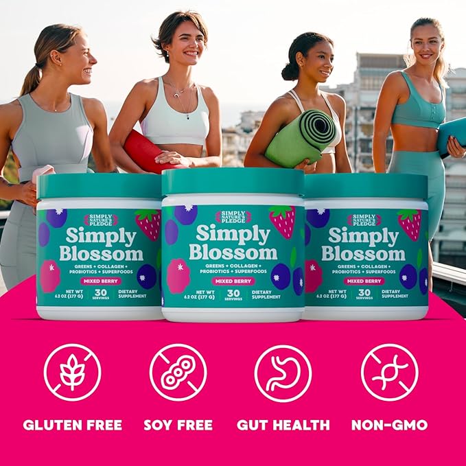 Simply Blossom Nutrition - Daily Greens &amp Superfood Powder + Collagen + Probiotics for Women's Digestive Health &amp Bloating Relief. Help Your Health Bloom - 30 Day Supply