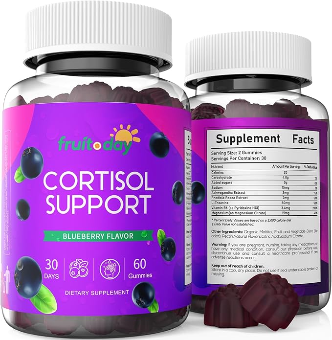 Cortisol Support Gummies with Ashwagandha &amp L-Theanine – 5-Ingredient Daily Formula Blueberry Flavor 60 Count