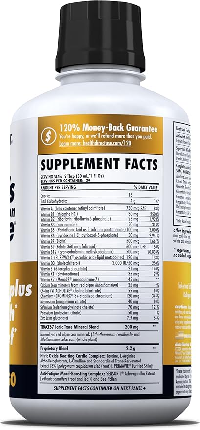 HEALTH DIRECT - Nature's Optimal Nutrition Energize Liquid Multivitamin Superfood - 140+ Nutrients - Mental Clarity &amp Energy - Immune &amp Cardiovascular Support – 30 Servings – Peach Mango
