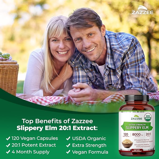 Zazzee USDA Organic Slippery Elm Bark 20:1 Extract 120 Vegan Capsules 4 Month Supply Ulmus Rubra Digestive Throat &amp Mucosal Support Herbal Supplement All-Natural Non-GMO Made in the USA