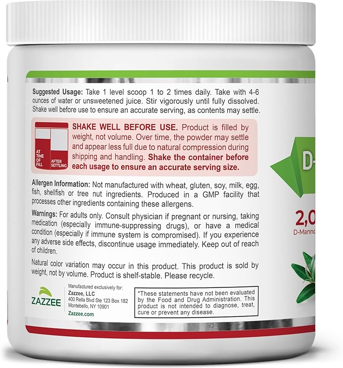 Zazzee D-Mannose Powder Plus 2000 mg 30 Servings Plus 5 Billion CFU Probiotics and Pure Cranberry Juice Extract Certified Kosher Free Scoop 2.98 oz Urinary Tract Support Non-GMO All-Natural