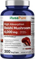 NusaPure Reishi Mushroom Extract 20:1 Extract 200 mg Equivalent to 4000mg per Capsule 300 Veggie Caps Vegan Non-GMO Vegan
