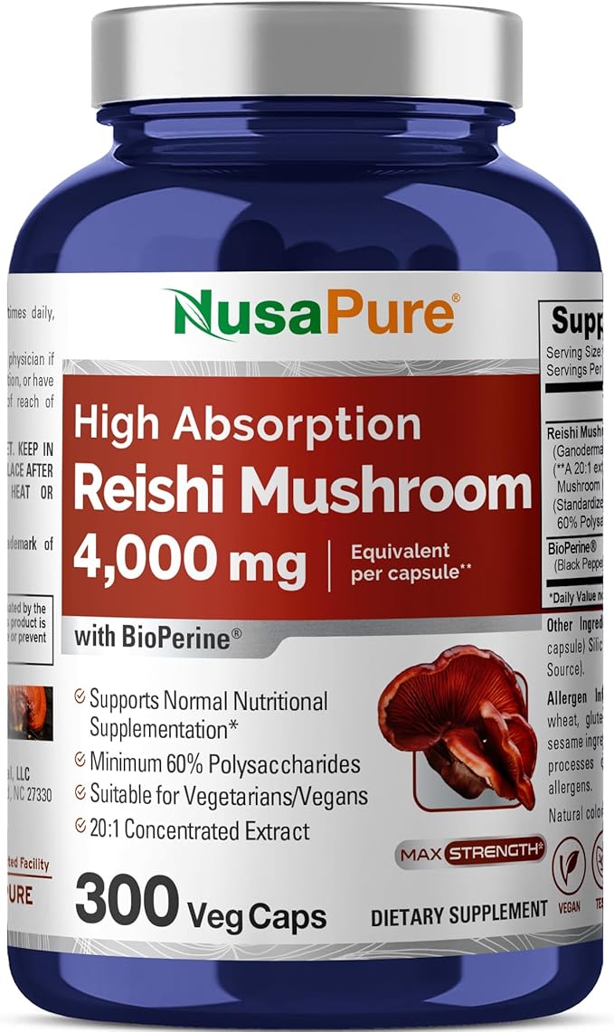 NusaPure Reishi Mushroom Extract 20:1 Extract 200 mg Equivalent to 4000mg per Capsule 300 Veggie Caps Vegan Non-GMO Vegan