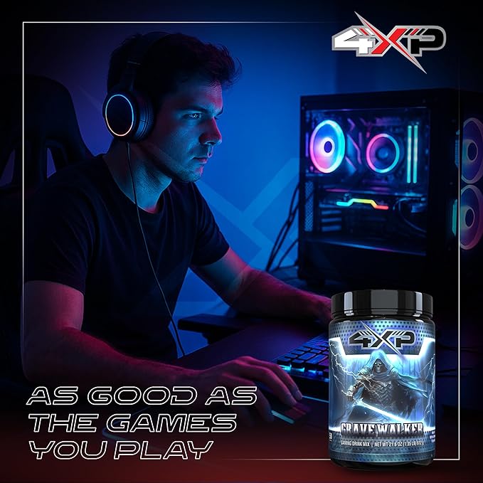 4XP Gravewalker White Gummy Gaming Energy Drink Mix| Low-Caffeine Nootropic Powder with B Vitamins &amp White Gummy Flavor for Gamers | 50-Serving Container