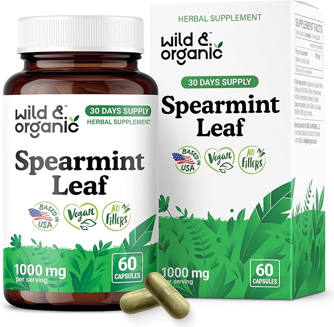 Wild &amp Organic Spearmint Capsules - 1000 mg Spearmint Supplement for Digestive Support - 30 Days of Supply - 60 Leaves Extract Capsules - Vegan Non-GMO Gluten-Free No Fillers