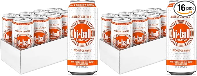 Hiball Clean Energy Drink - Blood Orange - Zero SugarZero Calorie Sparkling Water with 160mg Organic Caffeine50mg Organic Ginseng50mg-Organic Guarana and B Vitamins - 16 fl oz(Pack of 16)