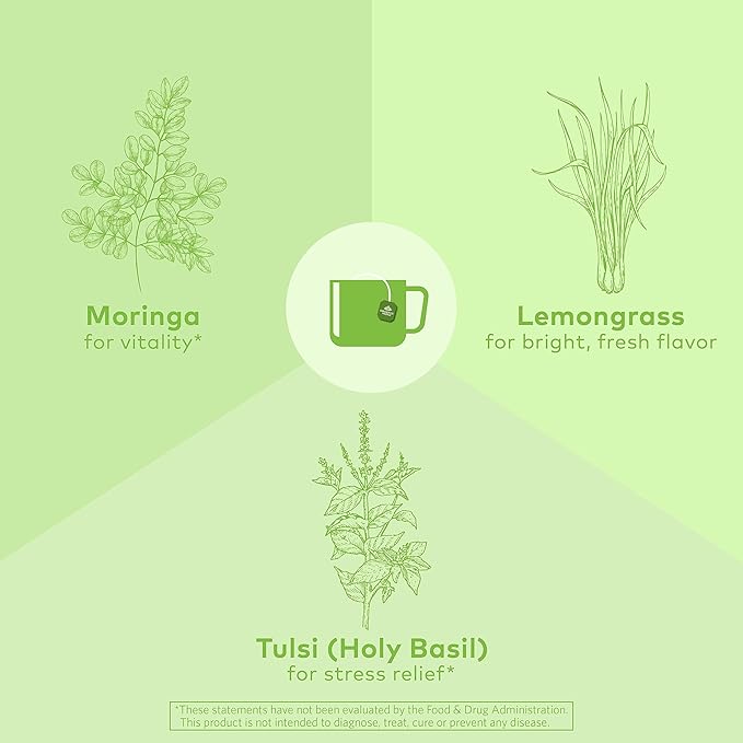 Organic India Tulsi Moringa Tea Bags - Holy Basil Lemongrass Moringa Leaves Stress Relieving &amp Nourishing Immune Support Tea Vegan Certified Organic Caffeine-Free - 18 Infusion Bags 1 Pack