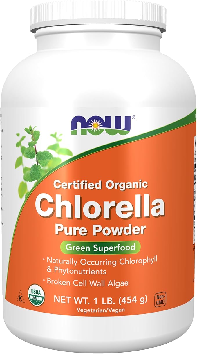 NOW Foods Supplements Organic Chlorella Powder with naturally occurring Chlorophyll Beta-Carotene mixed Carotenoids Vitamin C Iron and Protein 1-Pound