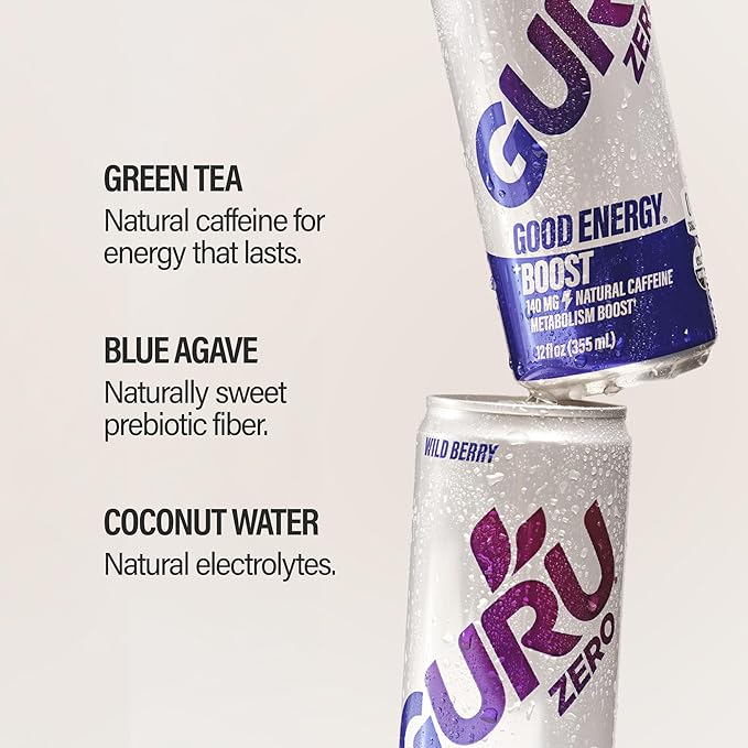 GURU ZERO SUGAR Wild Berry Organic Energy Drink with Plant Based Natural Caffeine from Green Tea Coconut Water Prebiotic Zero Added Sugars Gluten Free &amp Vegan Pre Workout 140MG Caffeine 12
