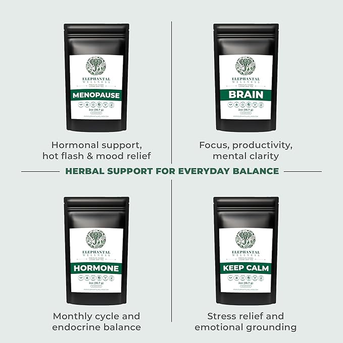 Elephantal Wellness Premium Well Balanced Herbal Tea | For Healthy Cortisol Adaptogenic Stress &amp Energy Support with Ashwagandha Reishi Eleuthero &amp Lion’s Mane | Handmade Caffeine-Free No
