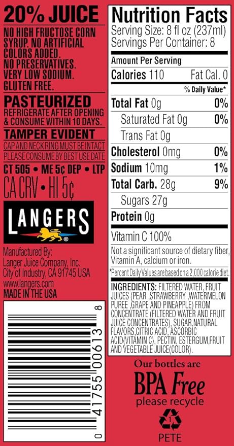 Langers Juice Cocktail Strawberry Watermelon 64 Ounce (Pack of 8)