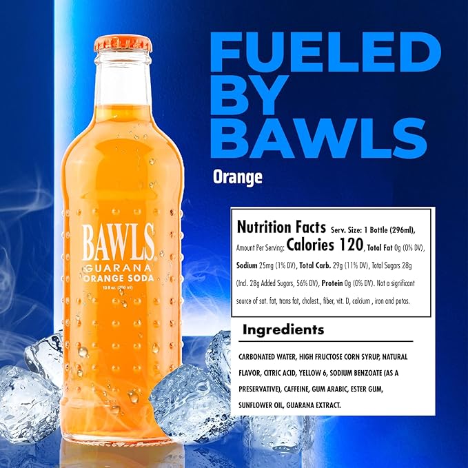 BAWLS Guarana Mandarin Orange BAWLS Guarana Drink Guarana Soda Guarana Fueled Soda for Energy High Energy Caffeinated Drink 10oz 24 Pack Glass Bottles