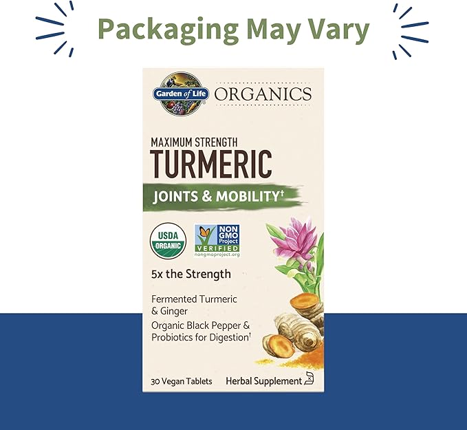 Garden of Life Organics Maximum Strength Turmeric Joints &amp Mobility Support 30 Tablets - 500mg Curcumin (95% Curcuminoids) Black Pepper - Organic Non-GMO Vegan &amp Gluten Free Herbal Supplements