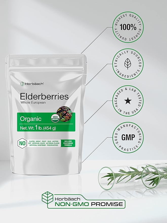 Horbäach Elderberries Dried Organic | 1 lb Bulk Bag | Whole European | Non-GMO Gluten Free | Sambucus Nigra