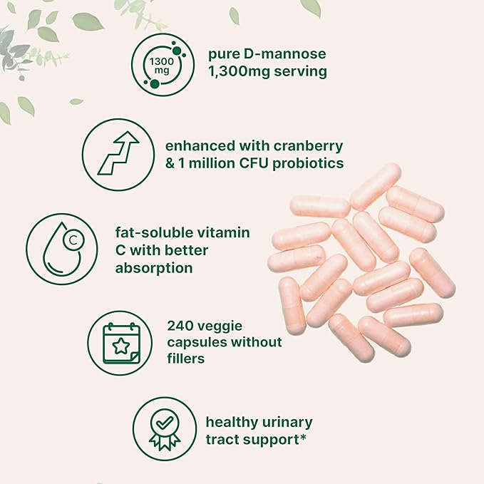 Pure D Mannose 1300mg with Cranberry &amp Probiotics 240 Veggie Capsules | Urinary Tract Health for Women | Plus 1 Million CFU Probiotics Blend &amp High Absorption Vitamin C | Filler Free Non-GM
