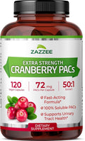 Zazzee Cranberry PACs 72 mg per Capsule 50:1 Extract 120 Vegan Capsules 2X Strength 4 Month Supply Fast-Acting Effective Urinary Tract &amp Bladder Support 100% Soluble PACs Made in the USA